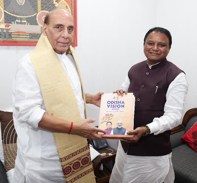 Odisha CM Majhi calls on MoD Rajnath, presents Odisha Vision 2036-2047 booklet