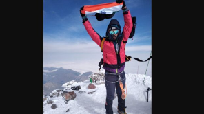 Tricolour on top of Mt Elbrus