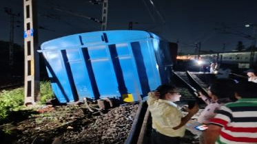 A goods train derailed in Bhubaneswar on Friday. 
