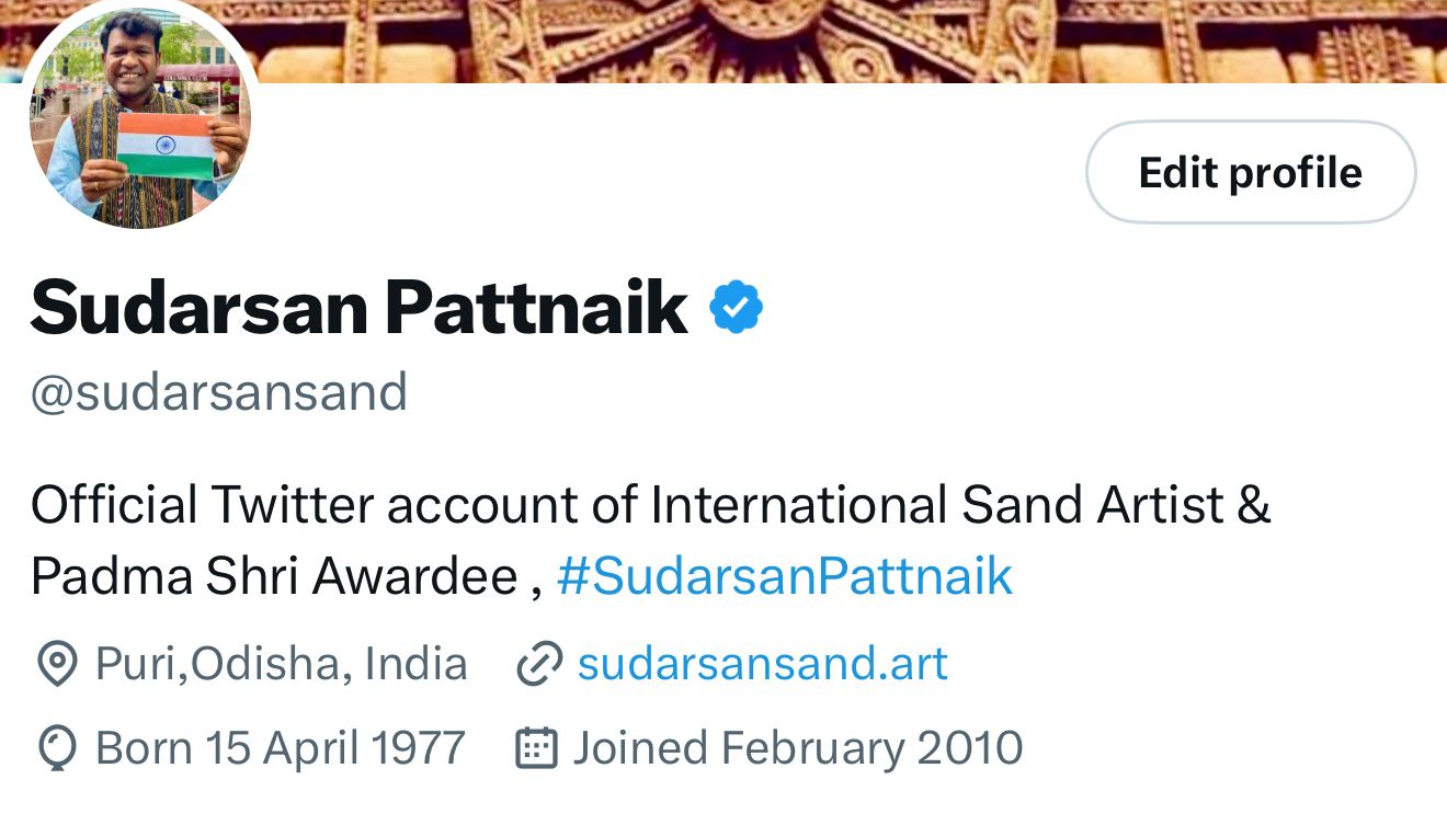 Internationally renowned sand artist and Padma Shri awardee Sudarsan Pattnaik has reported that his official Twitter account ‘X’(@Sudarsansand has been hacked for the past five days.