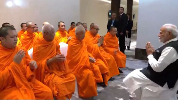 PM Modi receives blessings by Buddhist monks in Laos