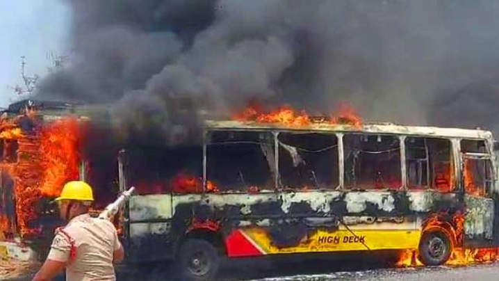 Talcher-Cuttack bus catches fire, close shave for 50 passengers 