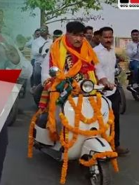 Agriculture Minister Ranendra Pratap Swain files nomination riding vintage scooter 