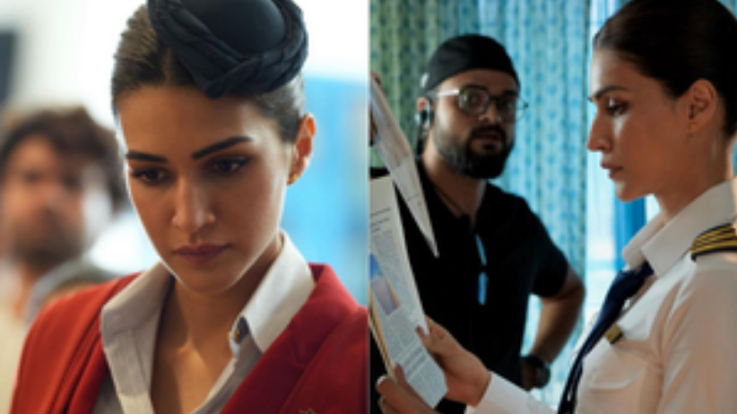The first picture shows Kriti wearing a red and white air hostess outfit. The second snap shows her wearing the outfit of a pilot -- white shirt and a blue tie. She is intensely reading a newspaper