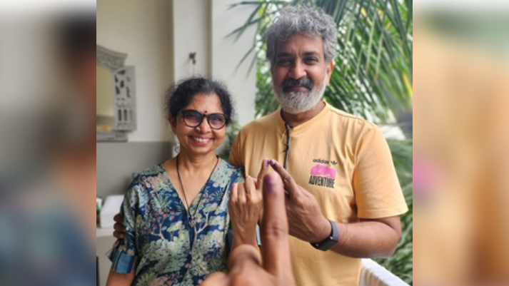 Rajamouli took to Instagram and shared a picture of himself and his wife, Rama Rajamouli, proudly displaying their inked fingers after casting their votes