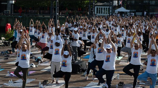 In a post on X, the Indian Embassy shared, "International Yoga Day 2024 celebrated by the Indian Embassy in the US at the picturesque and serene Wharf in Washington