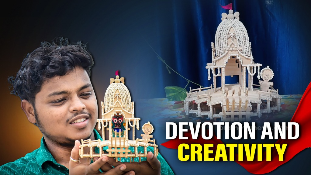 The intricately detailed model stands 8 inches tall and 7 inches wide, and is made with 175 fresh ice-cream sticks and 551 Tulsi malas, reflecting both artistic precision and spiritual symbolism. It took five days of dedicated effort to bring the chariot to life